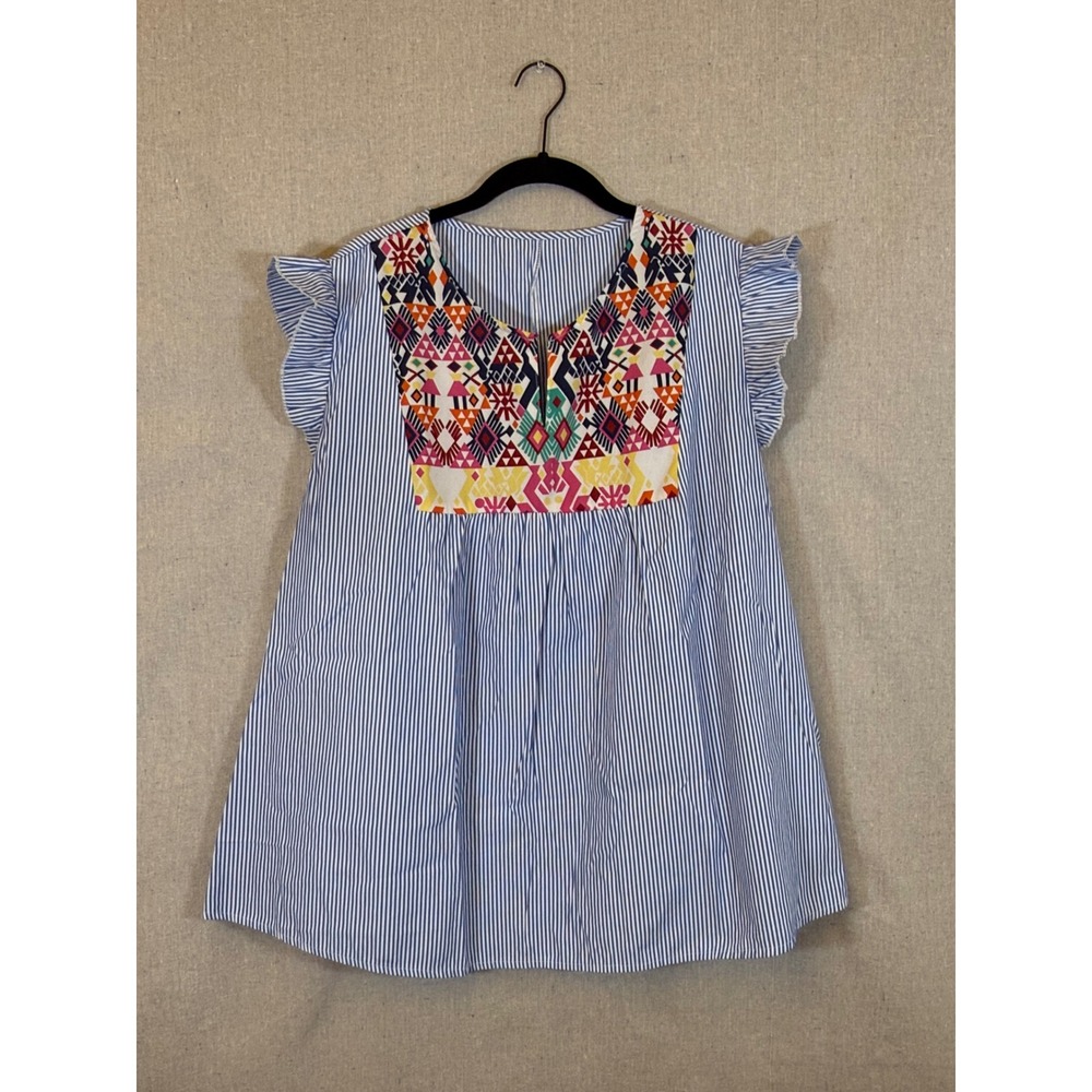 Shein Curve Blue White Striped Embroidered Boho Ruffle Sleeve Blouse Top 4XL